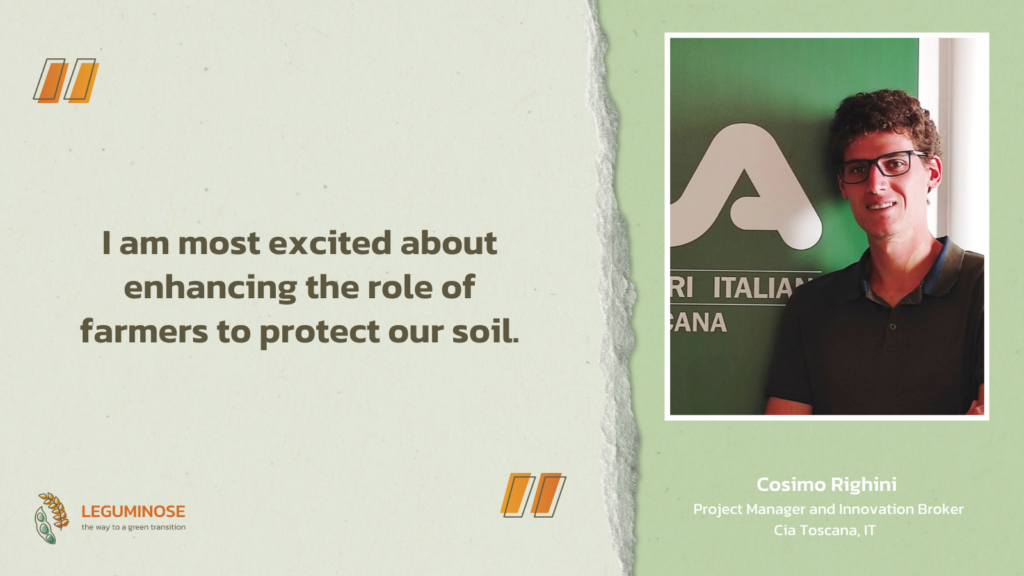 Picture of Cosimo Righini. The quote “I am most excited about enhancing the role of farmers to protect our soil.” is next to him.