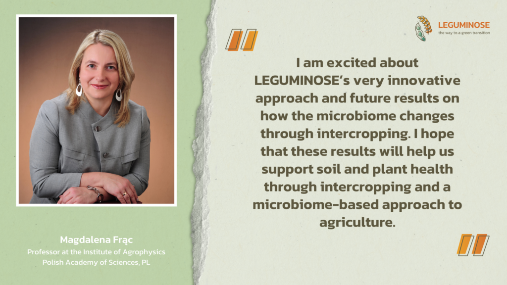 Picture of Magdalena Frąc. The quote “I am excited about LEGUMINOSE’s very innovative approach and future results on the microbiome changes through intercropping. I hope that these results will help us support soil and plant health through intercropping and a microbiome-based approach to agriculture. ” is next to her.